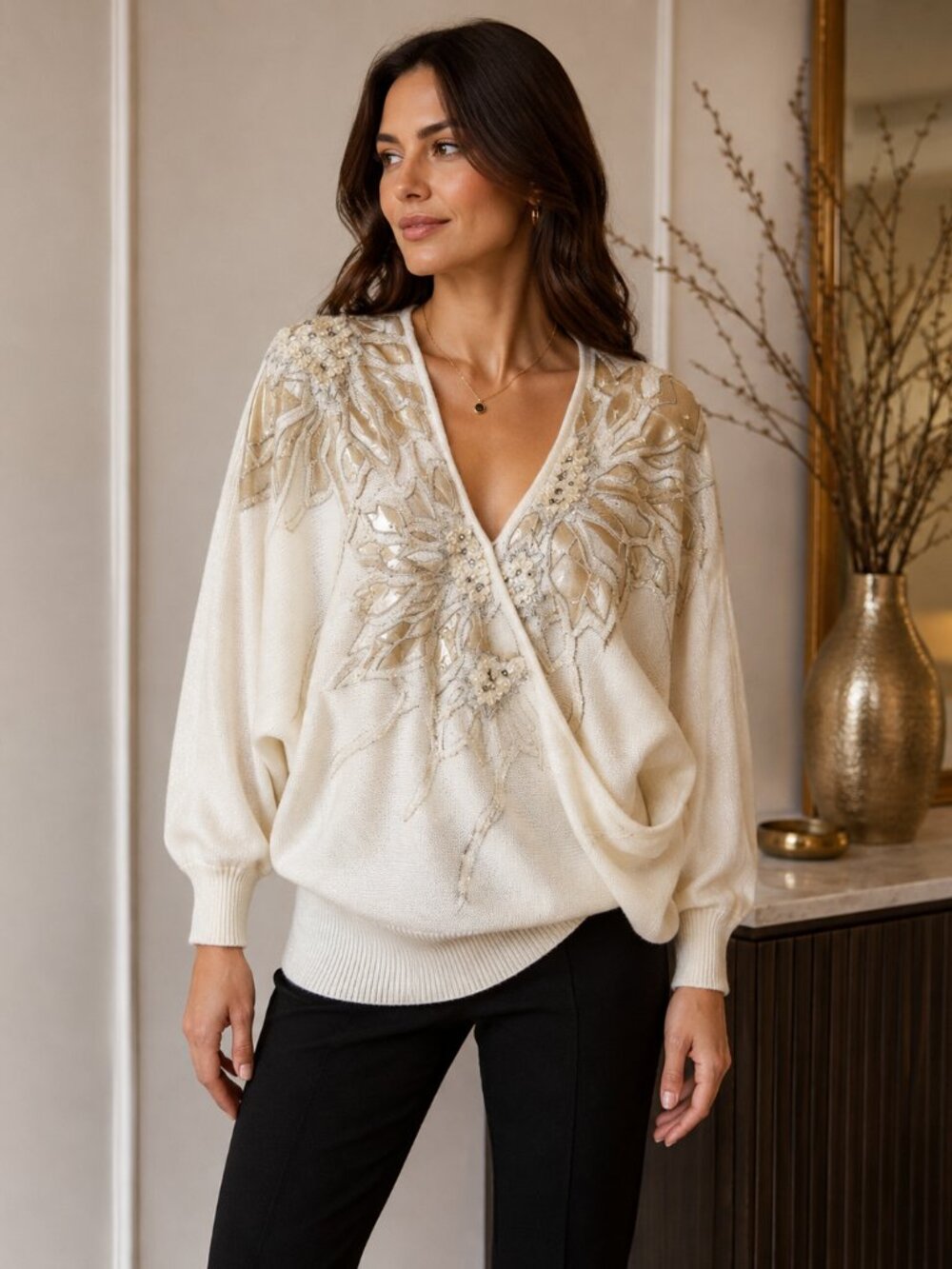 Bonnie Boerer Vintage 80s Sweater Womens L Ivory Beaded Dolman Wrap Glam
